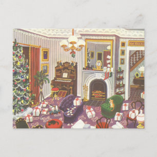 Cartão Postal De Festividades Natais vintages que embalam presentes na sala de e