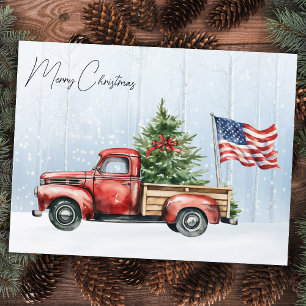 Cartão Postal De Festividades Natais vintages Red Truck Patriotic USA Flag
