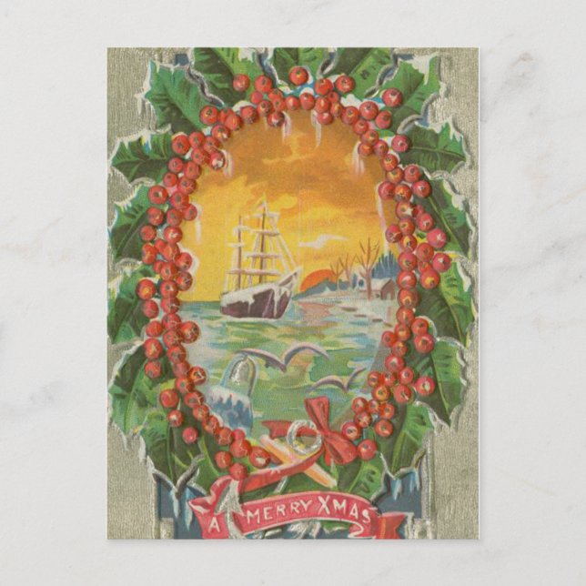 Cartão Postal De Festividades Natais vintages Sailboat Wreath (Frente)
