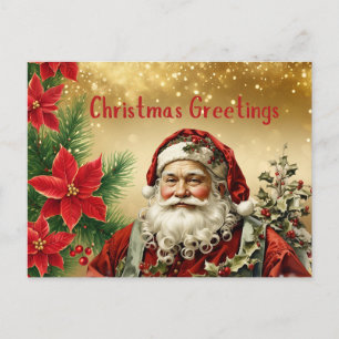 Cartão Postal De Festividades Natais vintages Santa Claus, Red Poinsettia