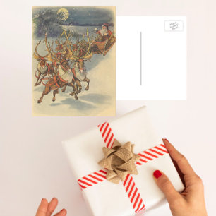 Cartão Postal De Festividades Natais vintages Santa Claus Sleigh com Reindeer