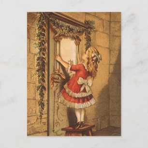 Cartão Postal De Festividades Natais vintages Victorian Girl travando um Garland