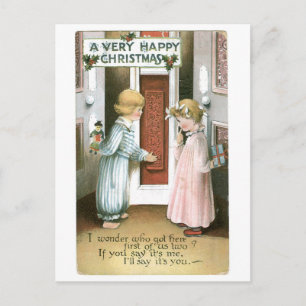 Cartão Postal De Festividades Natal à moda antiga, Menino & Menina