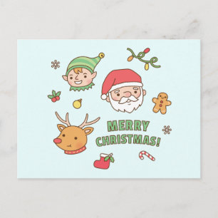 Cartão Postal De Festividades Natal adorável Papai Noel, Elfo, Rena, Biscoito