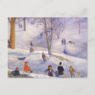 Cartão Postal De Festividades Natal Antigo, Esquiando, Central Park Glackens