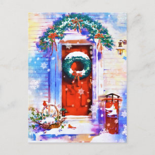 Cartão Postal De Festividades Natal Antigo Inverno Vermelho Porta de Casa Aquare
