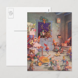 Cartão Postal De Festividades Natal Antigo, Papai Noel com Oficina de Elfos