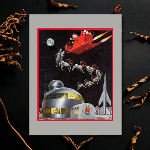 Cartão Postal De Festividades Natal Antigo Papai Noel e Rena no Espaço