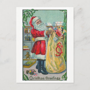 Cartão Postal De Festividades Natal Antigo, Papai Noel Vitoriano com Brinquedos