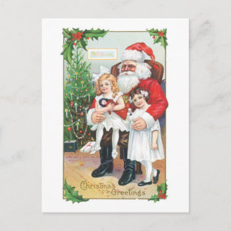 Cartão Postal De Festividades Natal antigo, Papais noeis com garotas