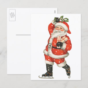 Cartão Postal De Festividades Natal Antigo Vitoriano Patinador de Gelo Papai Noe