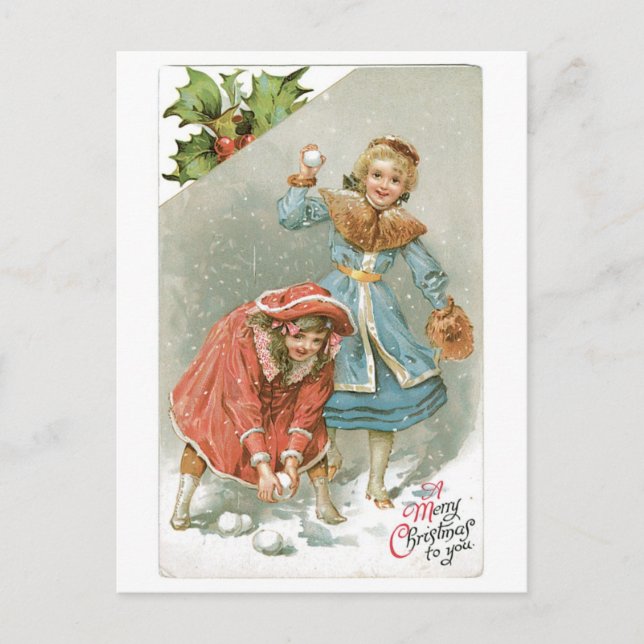 Cartão Postal De Festividades Natal antiquado, luta de bola de neve (Frente)