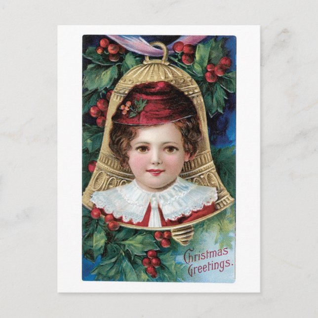 Cartão Postal De Festividades Natal antiquado, menina (Frente)