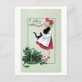 Cartão Postal De Festividades Natal antiquado, menina que guardara o gato preto
