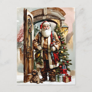 Cartão Postal De Festividades Natal Aquarela Papai Noel com Cachorro