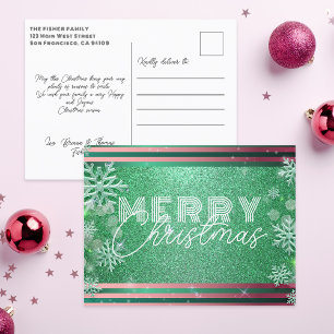 Cartão Postal De Festividades Natal Brilhante Rosa Verde Retro Feliz Natal
