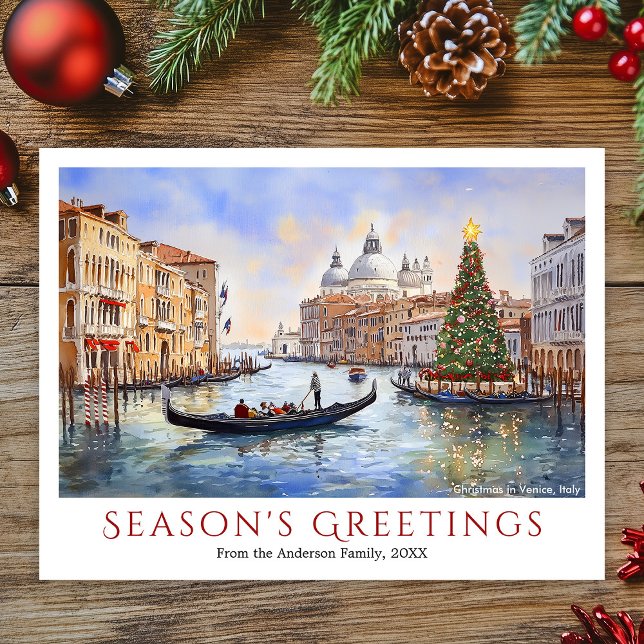 Cartão Postal De Festividades Natal com Aquarela em Veneza Itália Viagem (Watercolor Christmas in Venice Italy Travel Holiday Postcard)