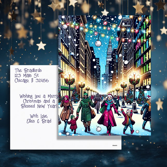 Cartão Postal De Festividades Natal Comprando na cidade em um Dia de Neve (Criador carregado)