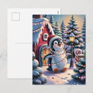 Cartão Postal De Festividades Natal Cute Penguin de Chapéu de Papai Noel Inverno