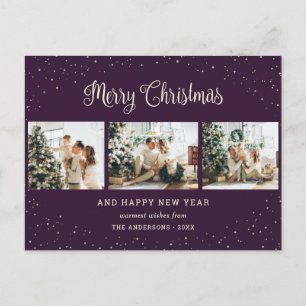 Cartão Postal De Festividades Natal da Colagem de Fotos da Neve Roxa Moderna