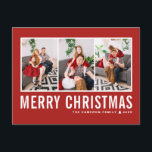 Cartão Postal De Festividades Natal da Colagem de Fotos Vermelha da Tipografia M<br><div class="desc">Feliz Natal! Mande seus desejos calorosos nesta temporada com este cartão postal de Natal personalizável para colagem de fotos. Apresenta uma tipografia simples com fundo vermelho. Personalize adicionando suas fotos,  nomes,  ano e outros detalhes. Este cartão-postal de Natal moderno está disponível em outras cores e estoque de papelão.</div>