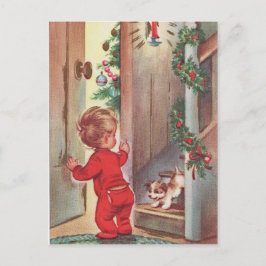 Cartão Postal De Festividades Natal da criança e do filhote de cachorro do