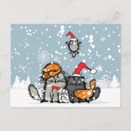 Cartão Postal De Festividades Natal da família Cat, neve, desenho animado, engra