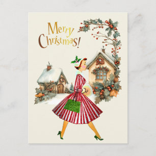 Cartão Postal De Festividades Natal de 1950 Senhora Vintage  