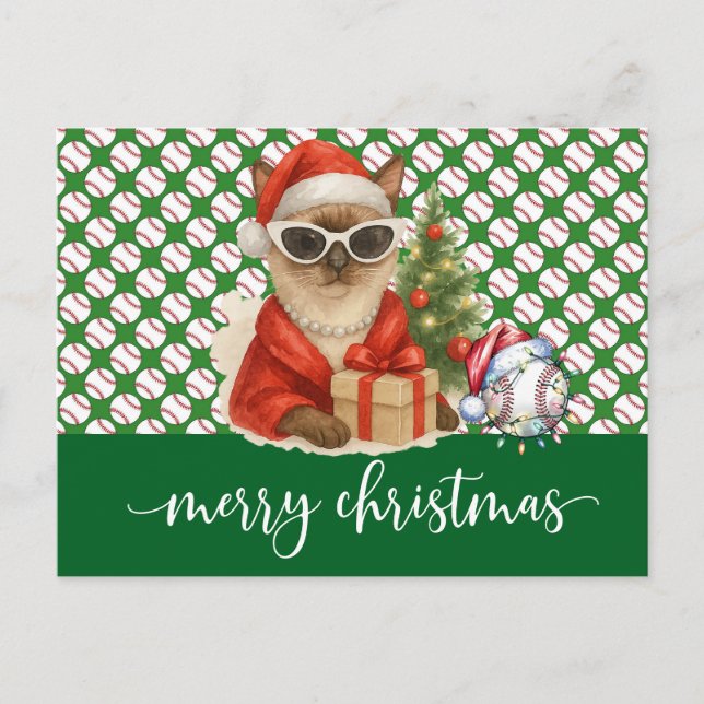 Cartão Postal De Festividades Natal de baseball temático para os amantes de gato (Frente)