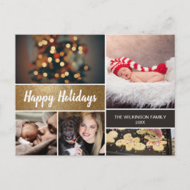 Cartão Postal De Festividades Natal de Colagem de Fotos Dourada Personalizada