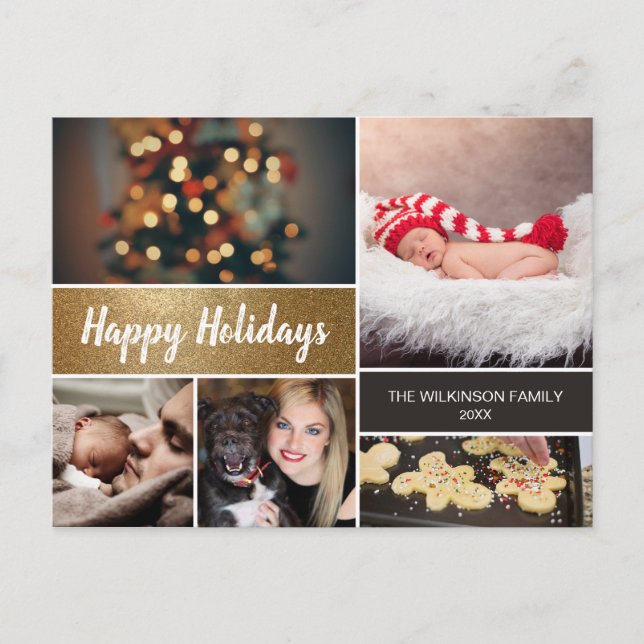 Cartão Postal De Festividades Natal de Colagem de Fotos Dourada Personalizada (Frente)