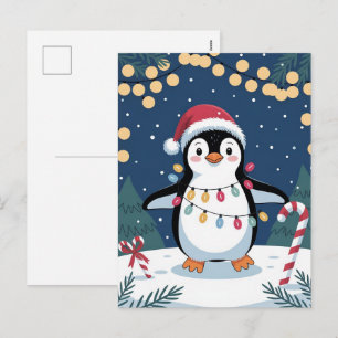 Cartão Postal De Festividades Natal de Inverno Cute Pinguim de Chapéu de Papai N
