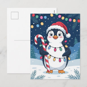Cartão Postal De Festividades Natal de Inverno Cute Pinguim de Chapéu de Papai N