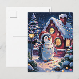 Cartão Postal De Festividades Natal de Inverno Cute Pinguim de Chapéu de Papai N