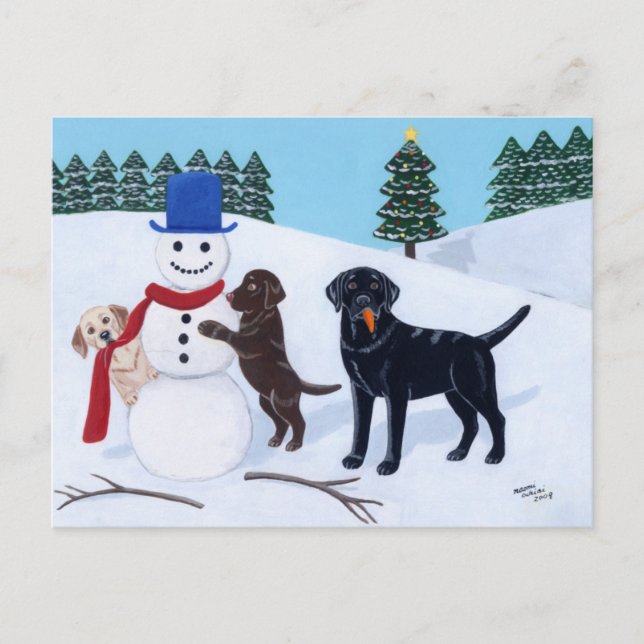 Cartão Postal De Festividades Natal de Labrador com boneco de neve (Frente)