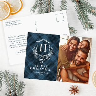 Cartão Postal De Festividades Natal do Monograma da Xadrez Azul