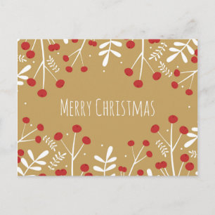 Cartão Postal De Festividades Natal Dourado das Folhas Brancas e Berries