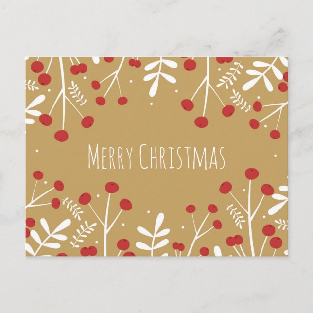 Cartão Postal De Festividades Natal Dourado das Folhas Brancas e Berries (Frente)