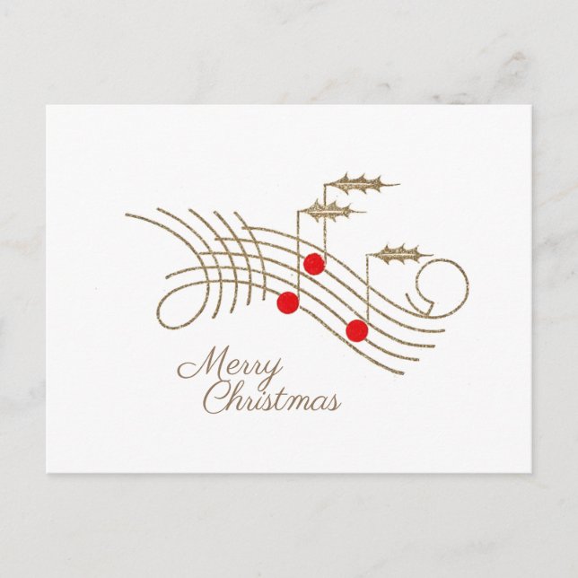 Cartão Postal De Festividades Natal Dourado Holly Music Notes (Frente)