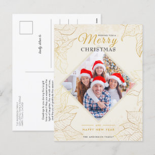 Cartão Postal De Festividades Natal Dourado para Poinsettia Floral Elegante
