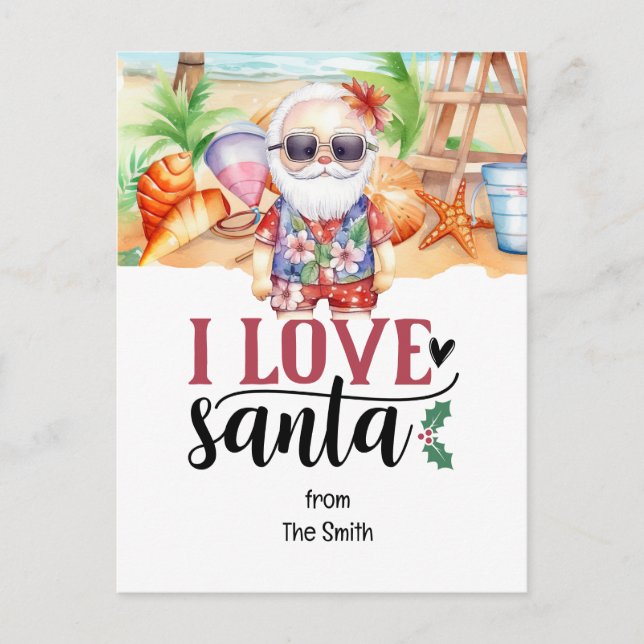 Cartão Postal De Festividades Natal em julho com SANTA CLAUS na praia (Frente)
