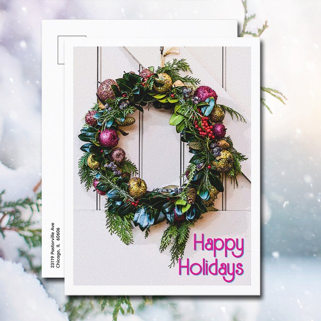 Cartão Postal De Festividades Natal Feliz Feriados Farmhouse Modern Wreath \ (Happy Holidays Farmhouse Wreath on a Christmas postcard will make you mailing chore simple this year)