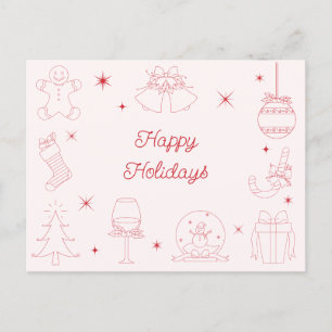 Cartão Postal De Festividades Natal Fofo Divertido Rosa Vermelho Desenhado à Mão