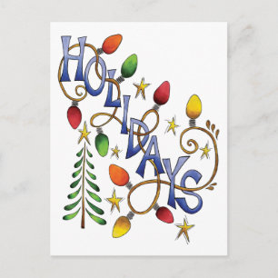 Cartão Postal De Festividades Natal Fofo, Luzes e Estrelas com Texto de Feriado