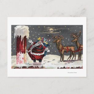 Cartão Postal De Festividades Natal GreetingSanta e chaminé
