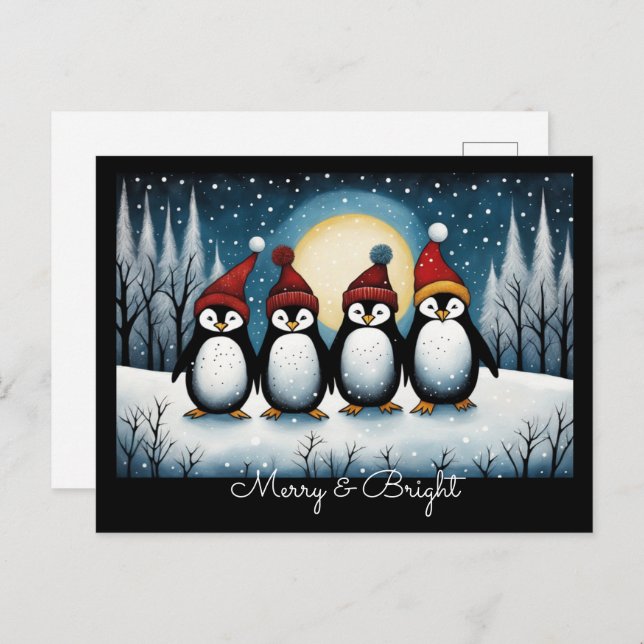 Cartão Postal De Festividades Natal Inverno Papais noeis Noturnos Pinguins Natal (Frente/Verso)