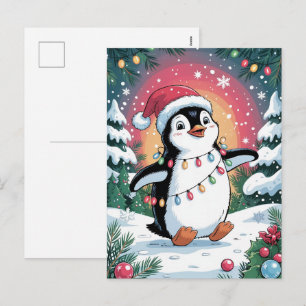 Cartão Postal De Festividades Natal Inverno Pinguim Fofo com Chapéu de Papai Noe