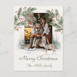 Cartão Postal De Festividades Natal Minimalista em Aquarela com Veado e Foto Per