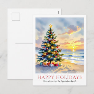Cartão Postal De Festividades Natal Moderno de Praia Costeira em Aquarela