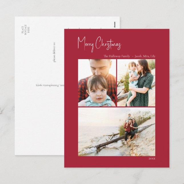 Cartão Postal De Festividades Natal moderno | Red Vertical 3 Foto (Frente/Verso)